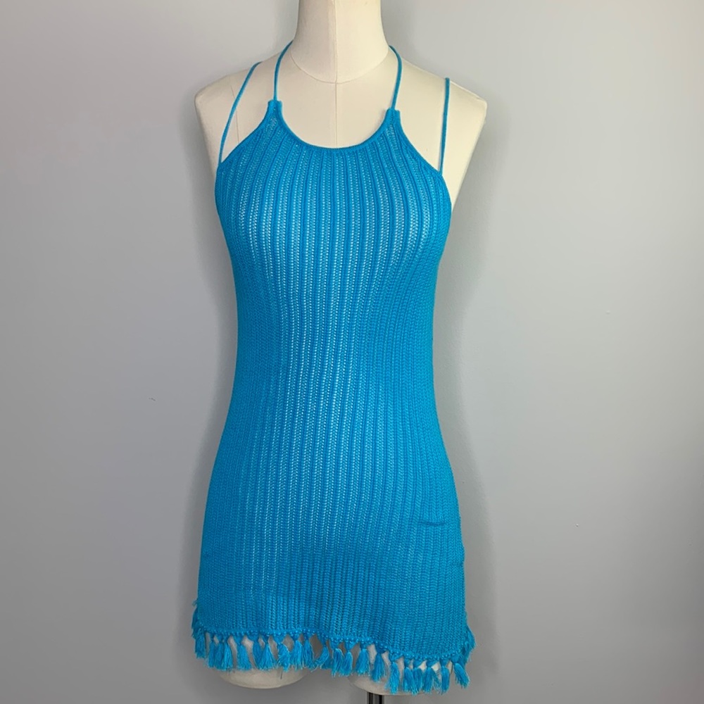 Minnie Rose Fringe Open Knit Tunic Top S Turquoise